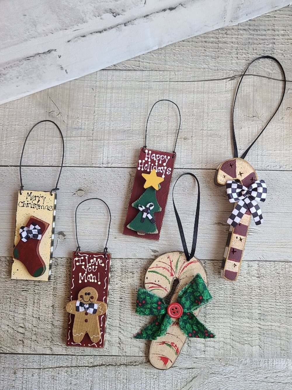 Checked Christmas Ornaments Set Vintage Wooden Folk Art Checked Holiday Decor